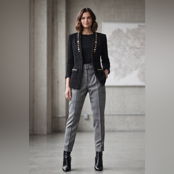 ZARA Woman Black Bouclé Tweed Blazer w/ Chrome 3D Stud Detail Frayed Trim Sz L - Picture 4 of 4